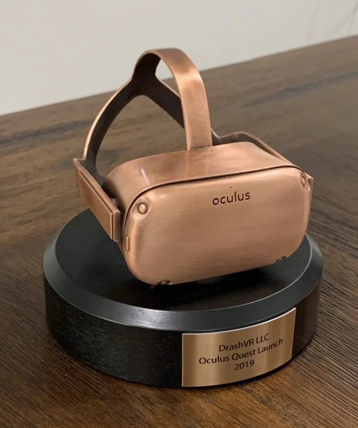 A commemorative replica of an Oculus Quest headset dedicated to DrashVR LLC for their Oculus Quest Launch in 2019