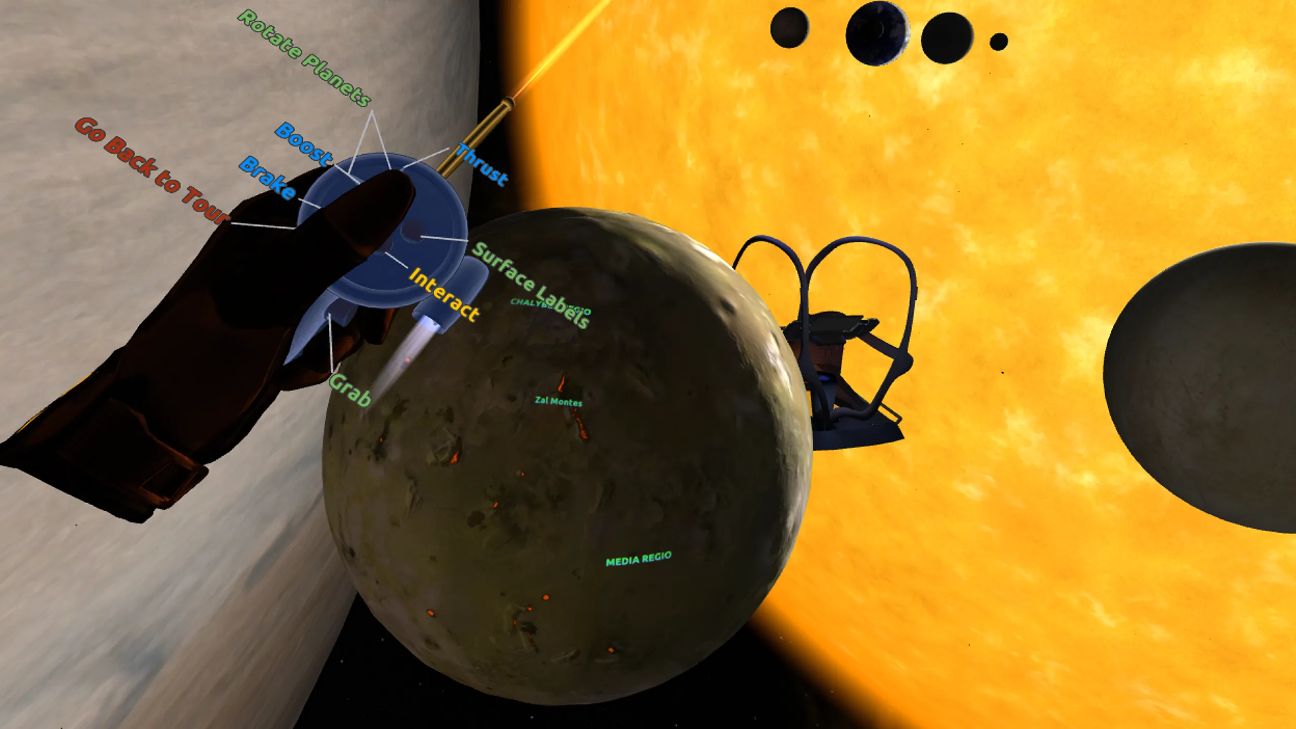 User floating in zero gravity outside the cockpit, approaching a moon