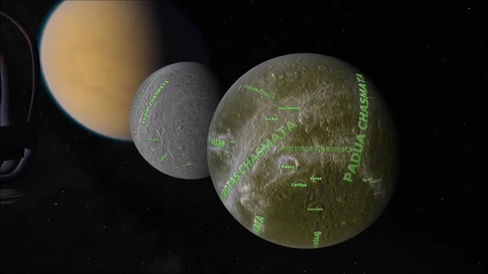 Planet surface in EVA mode with labels marking points of interest