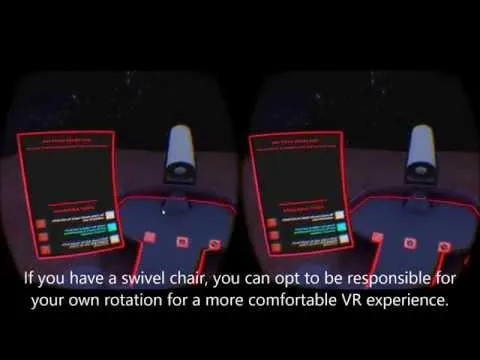 Telescopic shown as a stereoscopic VR view with an in-app comfort prompt about swivel-chair rotation.